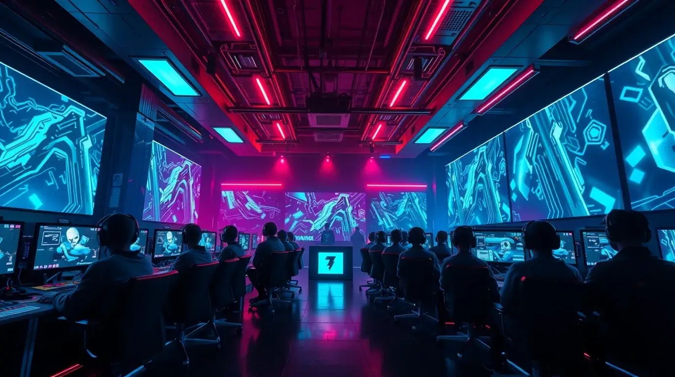 Rekabetçi sanal arena, neon aydınlatmalı koyu arayüz